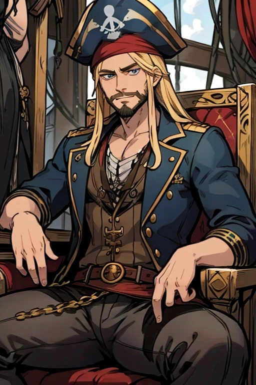 A muscular blonde haired male pirate with blue eyes and long hair and a dark beard in a pirate's outfit is sitting on a captain's throne with a big smile on a pirate ship