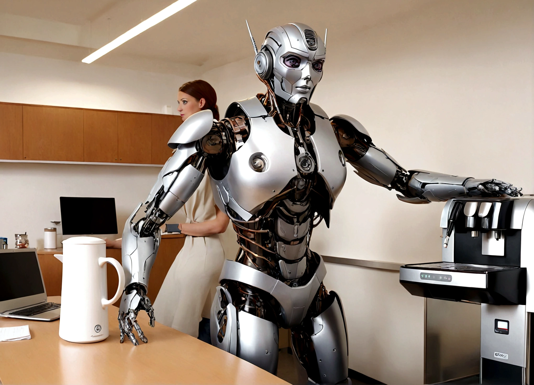 A coffee machine transformer has infiltrated an office break room, it has transformed into a very lovely cyborg in an effort to seduce a confused office worker

