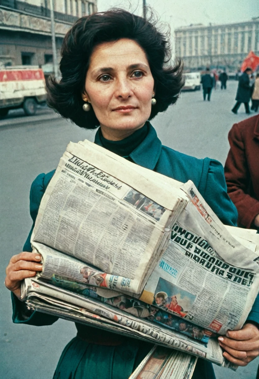 color photo. woman 40 years old. Selling newspapers at a newsstand in the USSR 1980.
