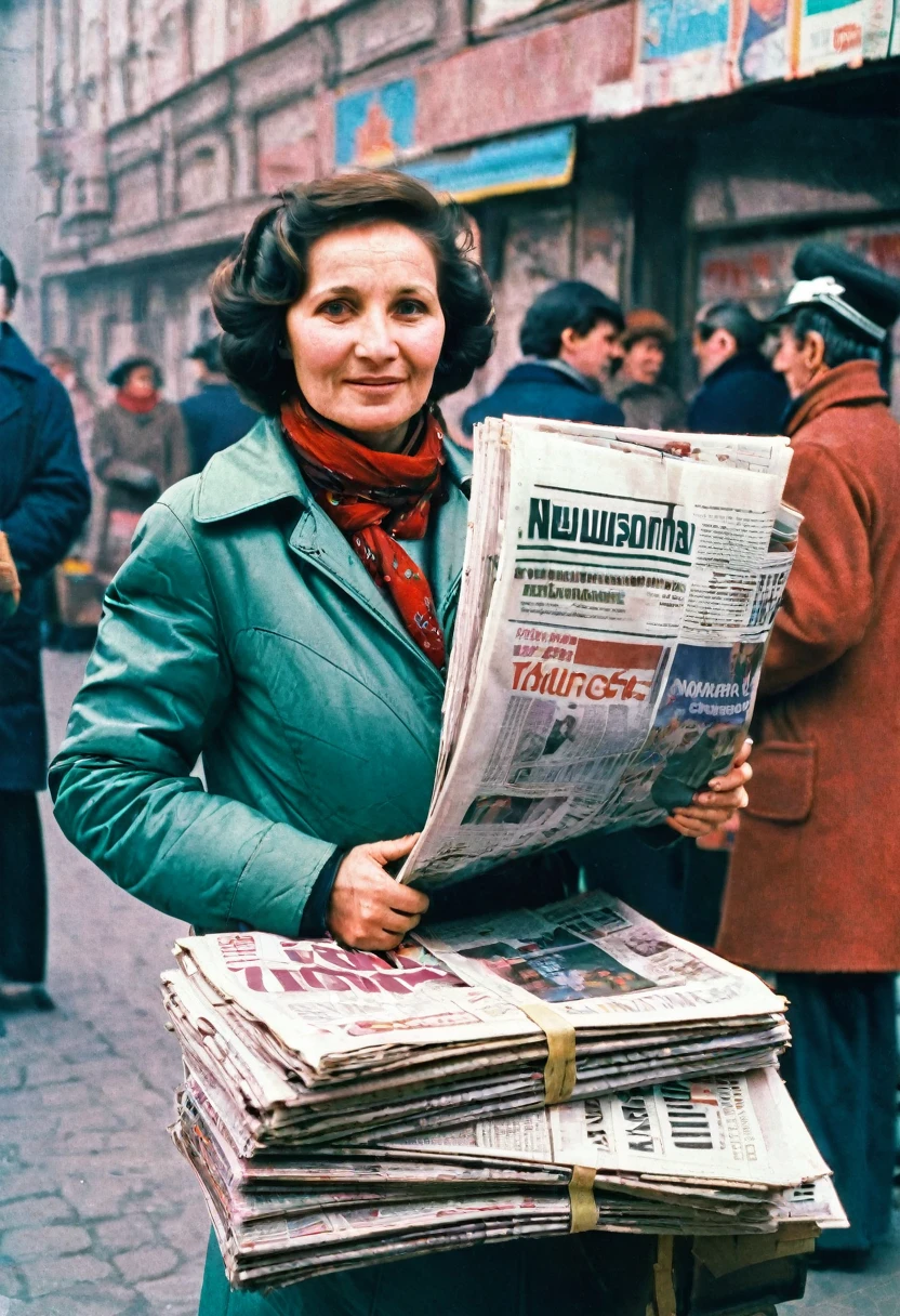 color photo. woman 40 years old. Selling newspapers at a newsstand in the USSR 1980.