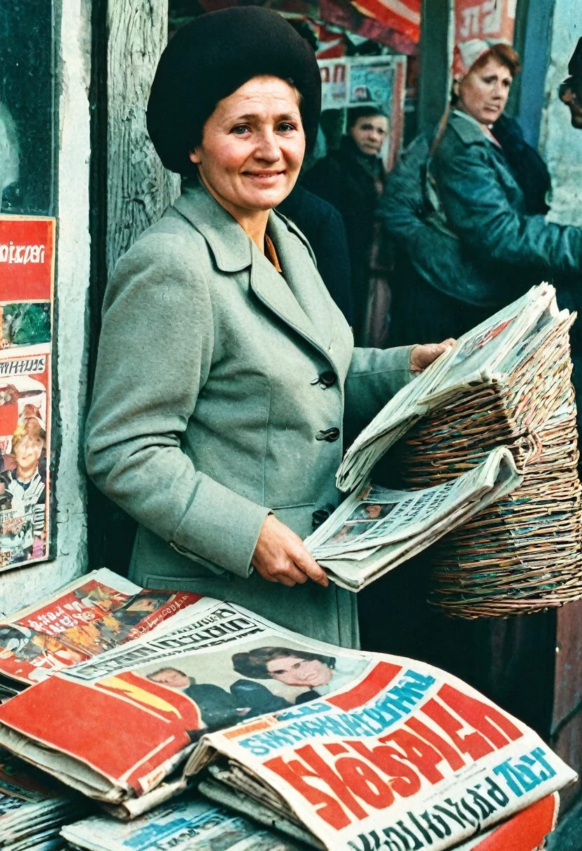 color photo. woman 40 years old. Selling newspapers at a newsstand in the USSR 1980.