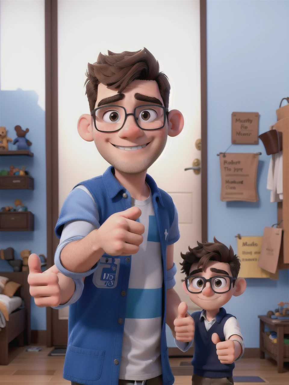 a beardless boy wearing glasses, with a thumbs up sign, with a room setting, blue, white and brown colors