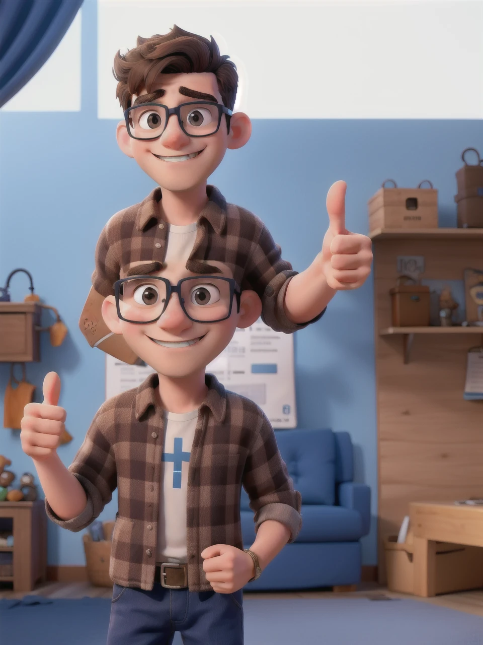 a beardless boy wearing glasses, with a thumbs up sign, with a room setting, blue, white and brown colors
