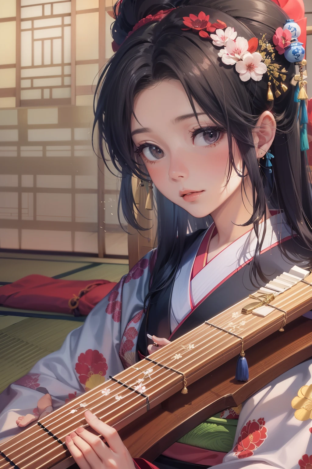 A 24-year-old woman playing traditional Japanese instruments. She has long, dark hair and is wearing a beautiful kimono. She is sitting gracefully with a koto in front of her, a shakuhachi beside her, and a shamisen resting nearby. The setting is serene, possibly a traditional Japanese room with tatami mats and shoji screens, evoking a sense of tranquility and cultural heritage.