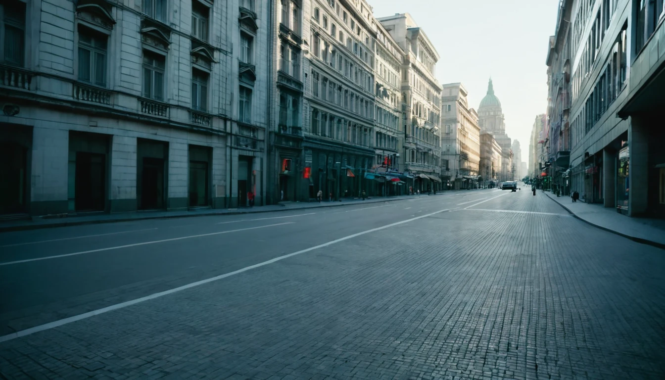 first person view, inside a city, several buildings, late afternoon, no people on the streets