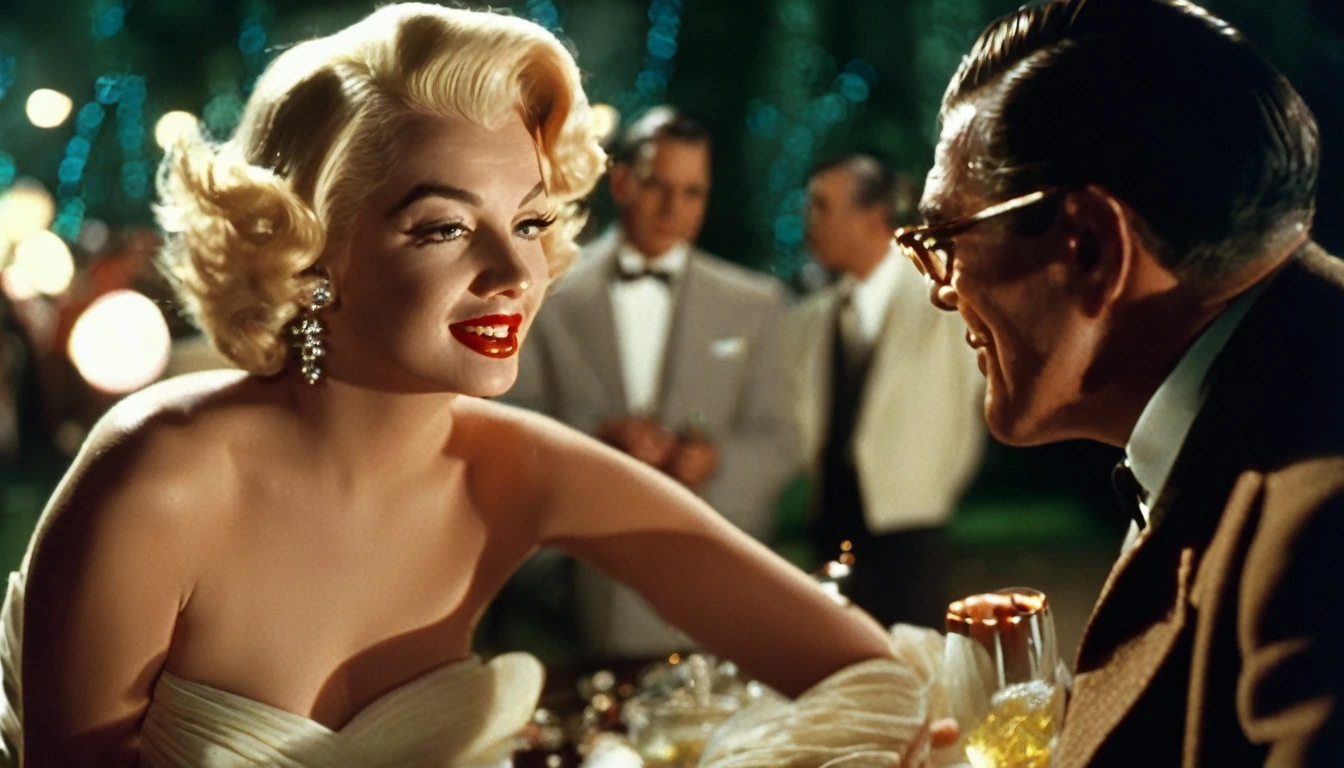 a vintage color film still of Marilyn Monroe with makeup looking at balding Clark Gable who has glasses and is clean shaving outside a hollywood matinee at night, vintage photo, , panavision, 16:9, vintage photography, haze, bokeh, glamorous composition, film still, champagne commercial, inspired by George Hurrell, steven meisel photography, very realistic film still, color, cinematic, movie still