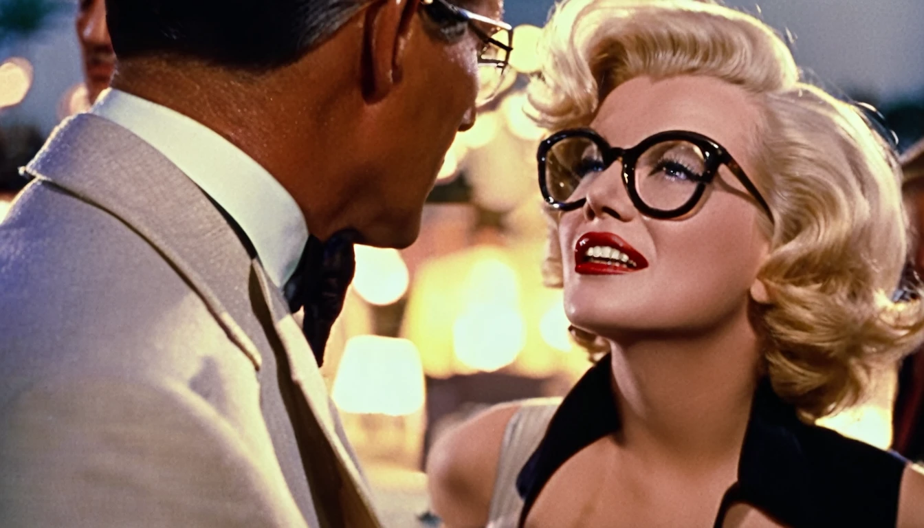 a vintage color film still of Marilyn Monroe with makeup looking at balding Clark Gable who has glasses and is clean shaving outside a hollywood matinee at night, vintage photo, , panavision, 16:9, vintage photography, haze, bokeh, glamorous composition, film still, champagne commercial, inspired by George Hurrell, steven meisel photography, very realistic film still, color, cinematic, movie still