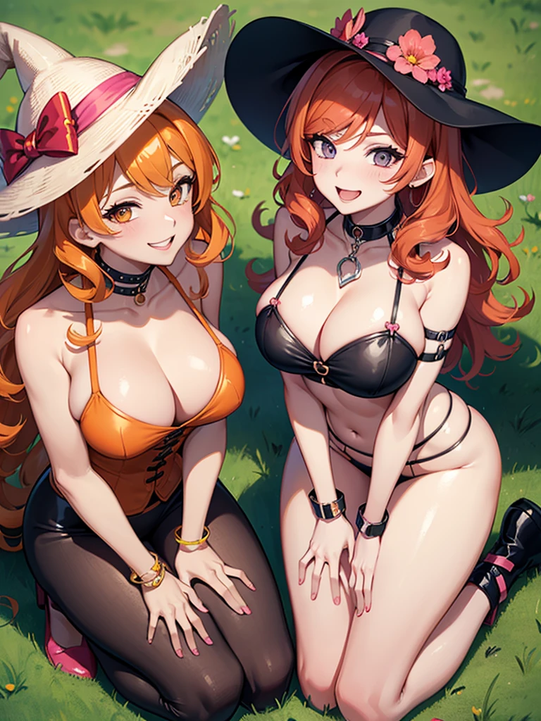 two sexy bubbly and cheerful women in goth outfits, kneeling, short, vibrant curly orange hair with highlights of pink, sunglasses, chokers, sunhats, flirtatious smiles, looking at camera, view from above