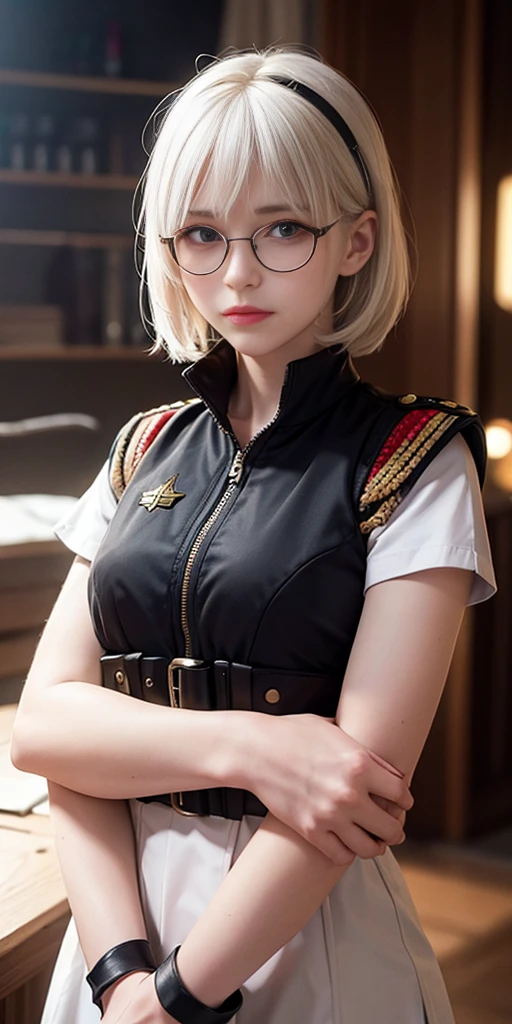 masterpiece , A girl, On the war zone, ( light white short hair:1.2), (Red Eyes:1.2), (Russian military uniform:1.2), (looking at the audience:1.2) , (8K, Best quality 1.2), Extremely detailed, 8K uhd, soft light, high quality, Film Grain, Beautiful Lights, Movie ,Perfect body , Optimal lighting, The best shadow, sharpest, Compared, Red glasses, messy hair, Tactical Vest, Gloves, earphone, absurdres high detail face