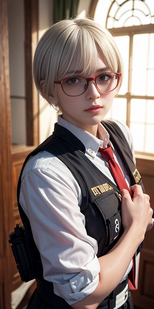 masterpiece , A girl, On the war zone, ( light white short hair:1.2), (Red Eyes:1.2), (Russian military uniform:1.2), (looking at the audience:1.2) , (8K, Best quality 1.2), Extremely detailed, 8K uhd, soft light, high quality, Film Grain, Beautiful Lights, Movie ,Perfect body , Optimal lighting, The best shadow, sharpest, Compared, Red glasses, messy hair, Tactical Vest, Gloves, earphone, absurdres high detail face