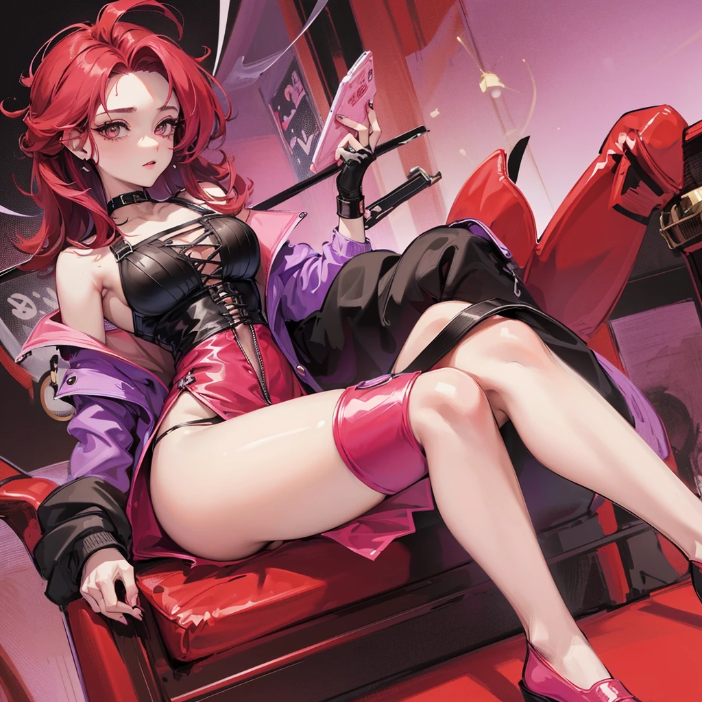 Chica de pelo rojo cubriendo sus ojos con su pelo, with very large breasts and a small waist and large medium thighs with a purple shirt and a pink jacket with a low-cut chest, y una falda de color rosa, y unos tacones negros , shermien fanart videojuegos