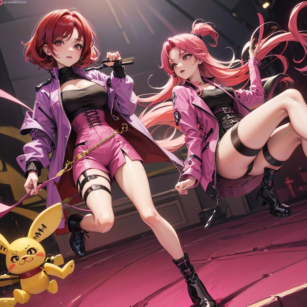 Chica de pelo rojo cubriendo sus ojos con su pelo, with very large breasts and a small waist and large medium thighs with a purple shirt and a pink jacket with a low-cut chest, y una falda de color rosa, y unos tacones negros , shermien fanart videojuegos
