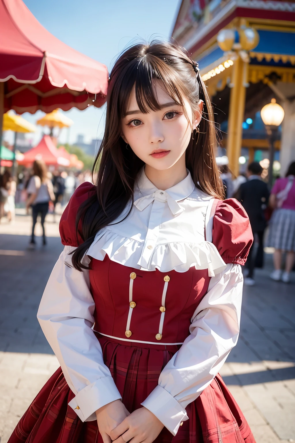 ((highest quality)), ((masterpiece)), (detailed), One girl, serious,Cut and sew,amusement park,Valentine's Chocolate,Hand it over here,Looking up