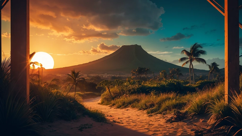 musical tropical vector illustration of sunset on the beach, in the style of Dan Mumford, vintage aesthetics, compositions inspired by nature, dark and gloomy landscapes, tropical landscapes,Hawaii