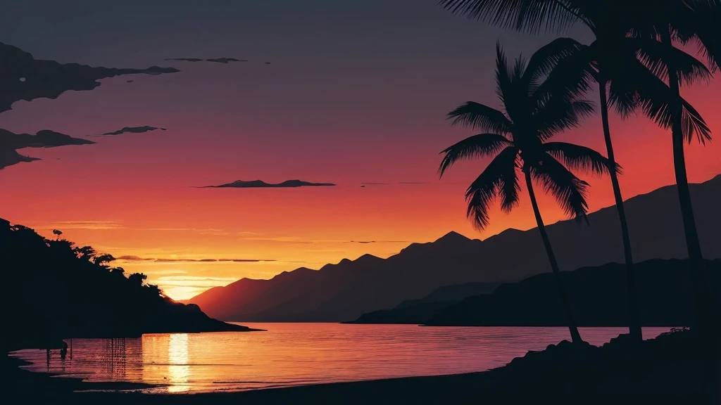 musical tropical vector illustration of sunset on the beach, in the style of Dan Mumford, vintage aesthetics, compositions inspired by nature, dark and gloomy landscapes, tropical landscapes,Hawaii