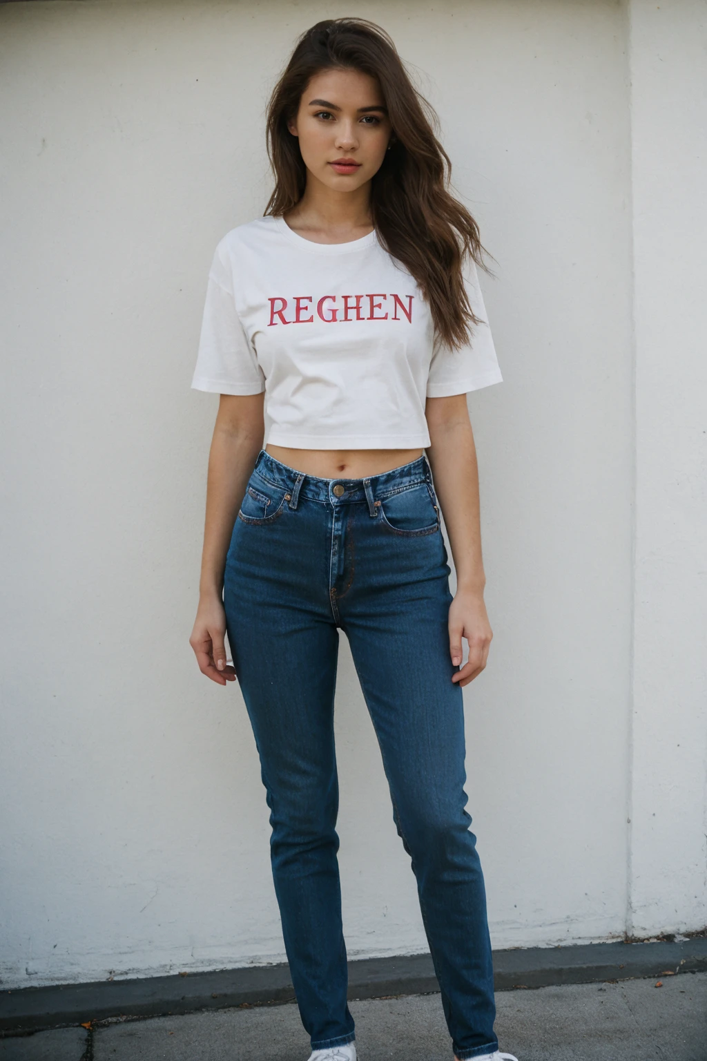 20 y.o Stella Reign, supermodel, perfect beautiful face, natural skin texture, light brown hair, brown eyes, proportional sexy posture, t-shirt, jeans, sneakers