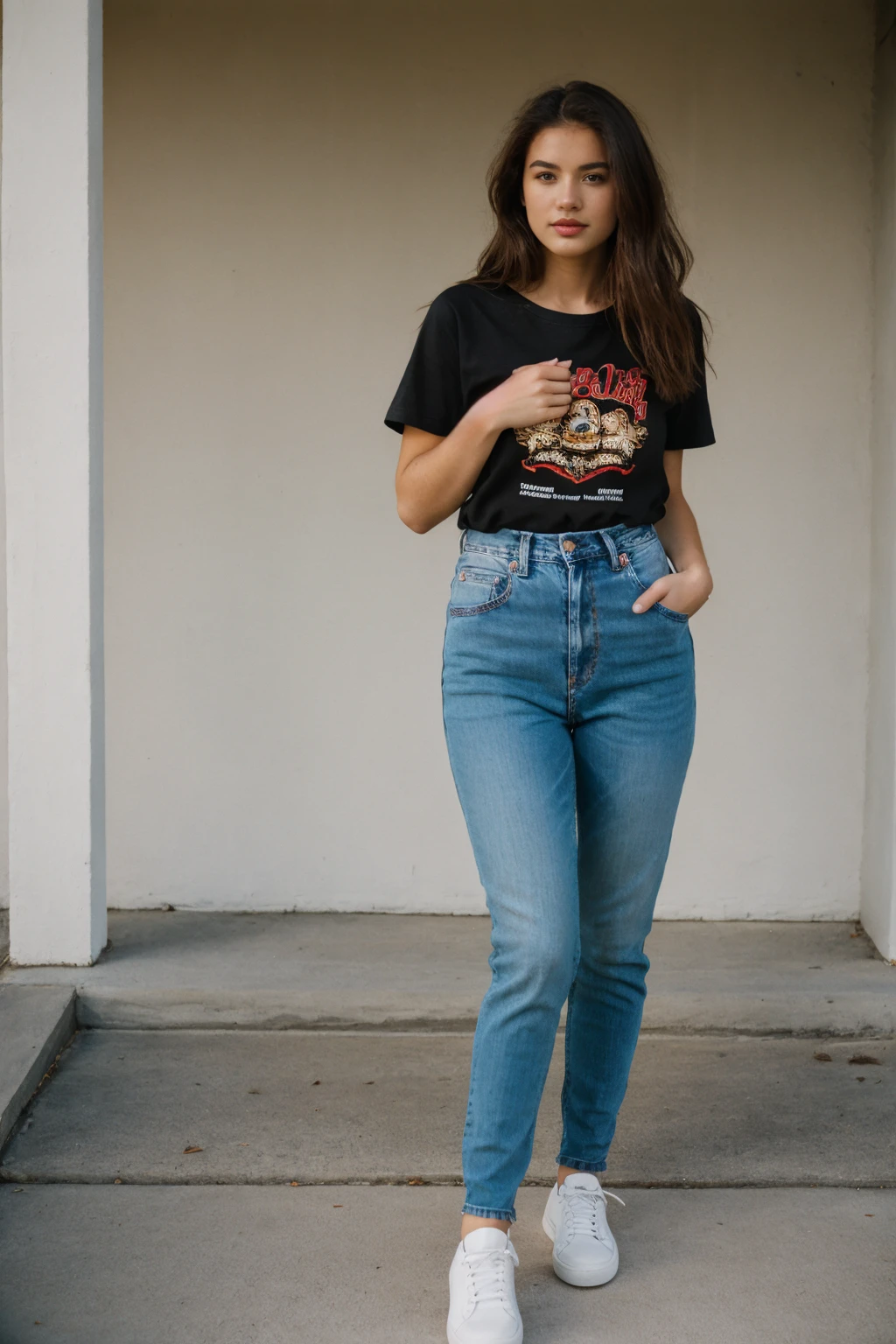 20 y.o Stella Reign, supermodel, perfect beautiful face, natural skin texture, light brown hair, brown eyes, proportional sexy posture, t-shirt, jeans, sneakers