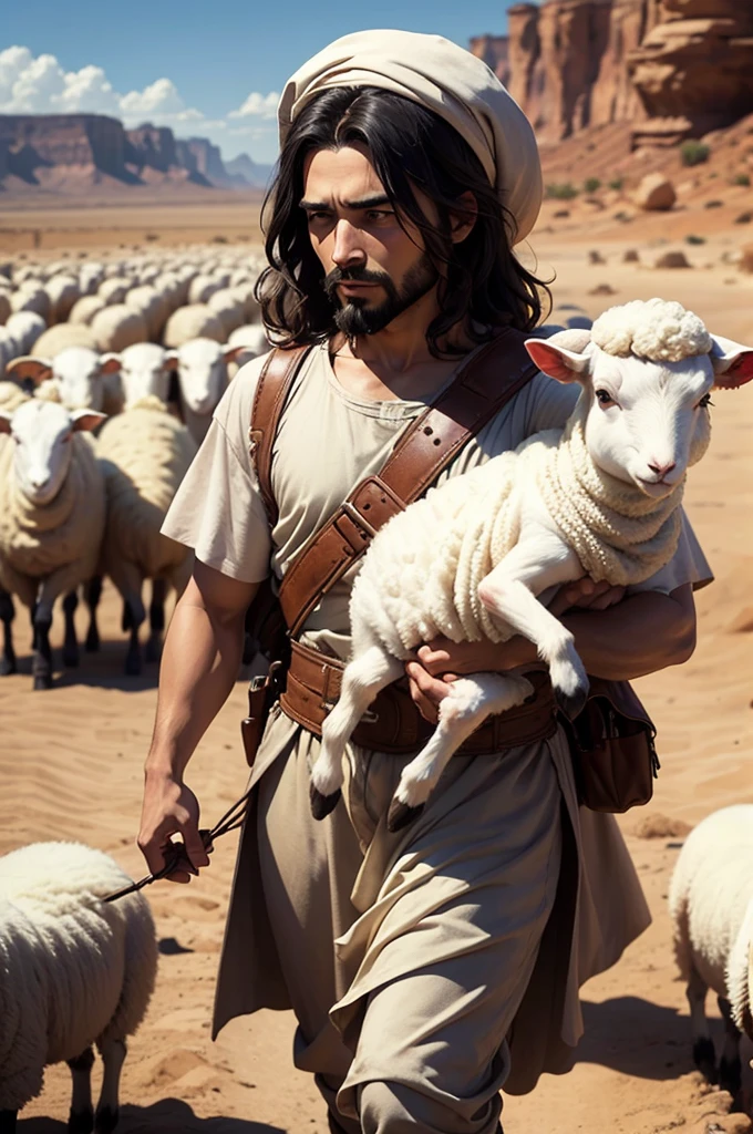 3-year-old cartoon style cute little Jesus, walking in the desert with injured lambs in his arms, leading 9 adorable sheep behind him