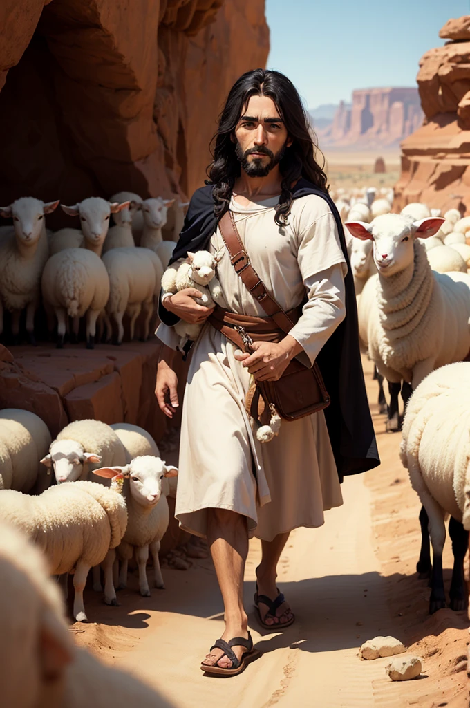 3-year-old cartoon style cute little Jesus, walking in the desert with injured lambs in his arms, leading 9 adorable sheep behind him