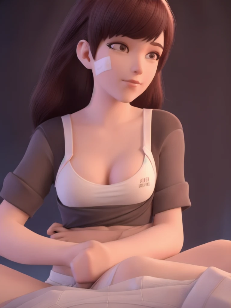 DVA from Overwatch without mech, a beautiful woman with short brown hair in a (ponytail), high quality refelctions, (reflections on glasses,) volumetric lighting, wearing a (plain white t-shirt), in her bedroom on her bed, 1 girl solo, cinematic lighting, high resolution, physically-based rendering, extremely detailed, 8k, volumetric lighting, hyperrealistic, detailed facial features, masterpiece, intricate details, full upper body, nsfw, gaming setup in background, cinematic, you can see the fabric of the shirt and the knits very detailed