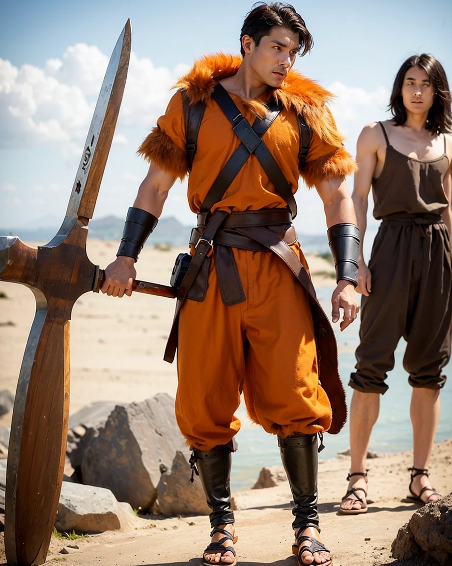 Youth with short black hair and brown eyes, fair skin and clean-shaven, dressed in short orange medieval barbarian fur tunic and trousers, weilding giant axe, sandals; fullbody; short hair, masculine, athletic