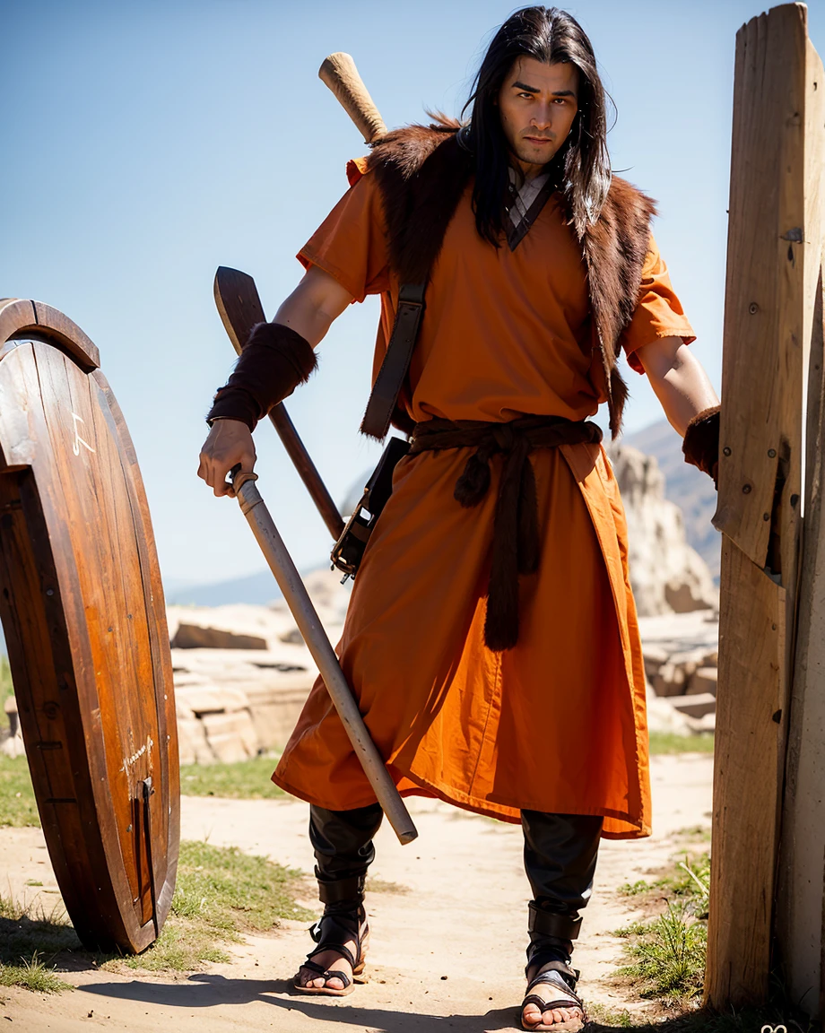 Youth with short black hair and brown eyes, fair skin and clean-shaven, dressed in short orange medieval barbarian fur tunic and trousers, weilding giant axe, sandals; fullbody; short hair, masculine, athletic