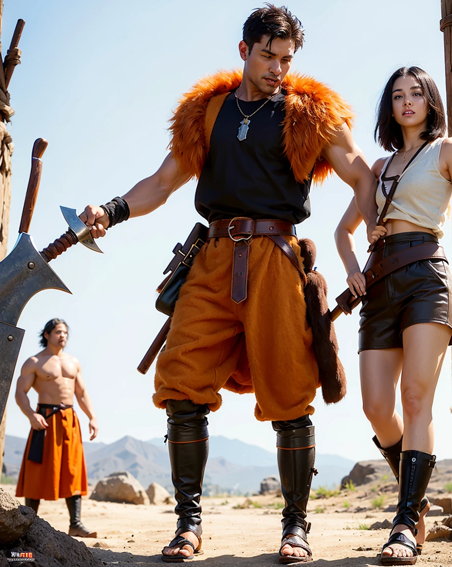 Youth with short black hair and brown eyes, fair skin and clean-shaven, dressed in short orange medieval barbarian fur tunic and trousers, weilding giant axe, sandals; fullbody; short hair, masculine, athletic
