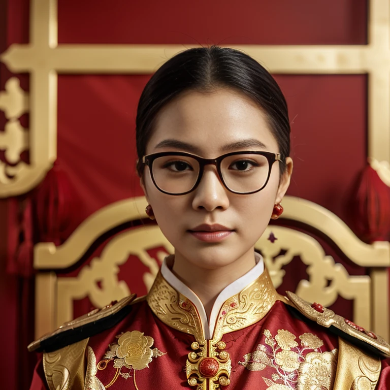 Araffi wore a red and gold uniform and glasses., Wear eyeglasses, Empress of China, Chinese princess, Inspiration from Min Zhen, traditional chinese, Chinese style, Chinese woman, Inspired by Guo Xi, According to the style of paying homage to the family, Sazi, close-up portrait, queen of the sea Mu Yanling, Inspired by Wang Meng, Inspiration from Xu Xi, Chinese dress, Chinese girl