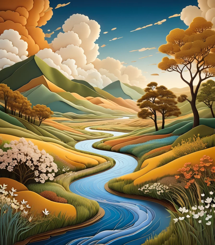 paper_cut,Natural and organic depictions of river,Sky and steppe,Kelsang flowers,Clouds,Big wind,Features earth tones and botanical motifs,Withdraw connections to nature and the environment,Influenced by botanical illustrations or environmental art,softlighting,(warm color:1.15),best quality exquisite details,3D rendering of