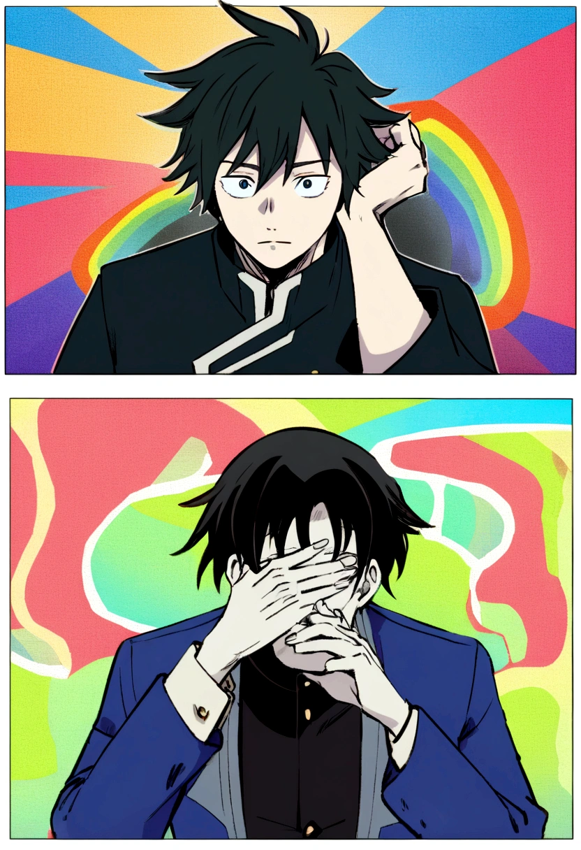 Hola, Could you make me the image of a young Junpei Yoshino, of average height and pale skin. Su cabello era negro y liso, that covered the right side of his face. With animation from Mappa animation studio, from the anime Jujutsu Kaisen with the uniform of the Tokyo Metropolitan School of Wizardry