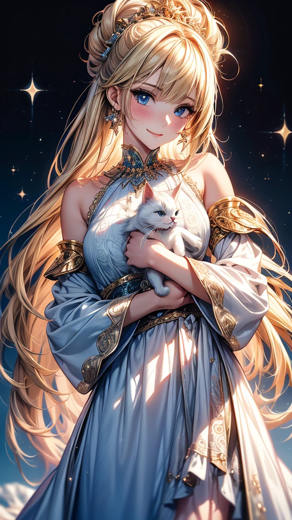 Highly Detailed CG Unity 8K Wallpaper, pretty girl, Mature blonde girl, Half Up,beautiful girl, Hot Maiden, Pale skin (super masterpiece, Fantasy art with intricate detail:1.5，Beautiful person, Well detailed face polluted smile, Her flat chest is completely hidden by her dress、Realistic, Surreal), Pray to the stars,Girl holding cute white cat with big eyes in her arms