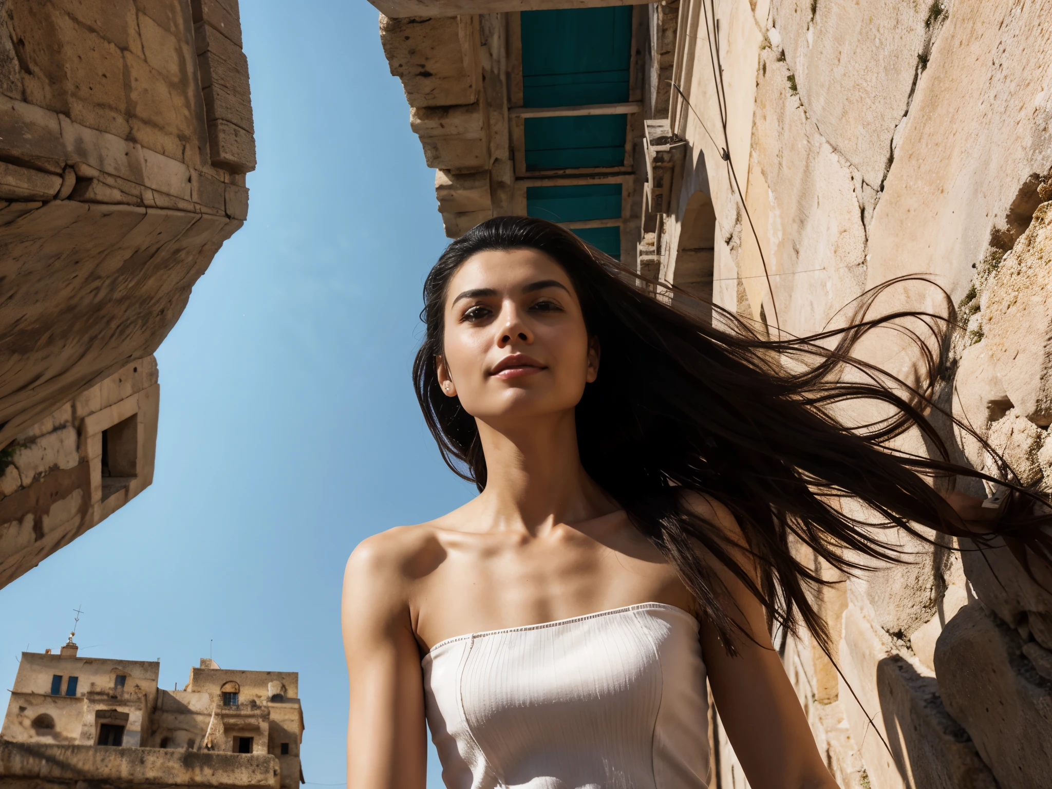 (sofiax, m0nic4, matera), a woman walking, hands holding hair, shot from below, camera way under woman, dominant pose. shot from under, shot from below, camera below woman, HDR, photoreal