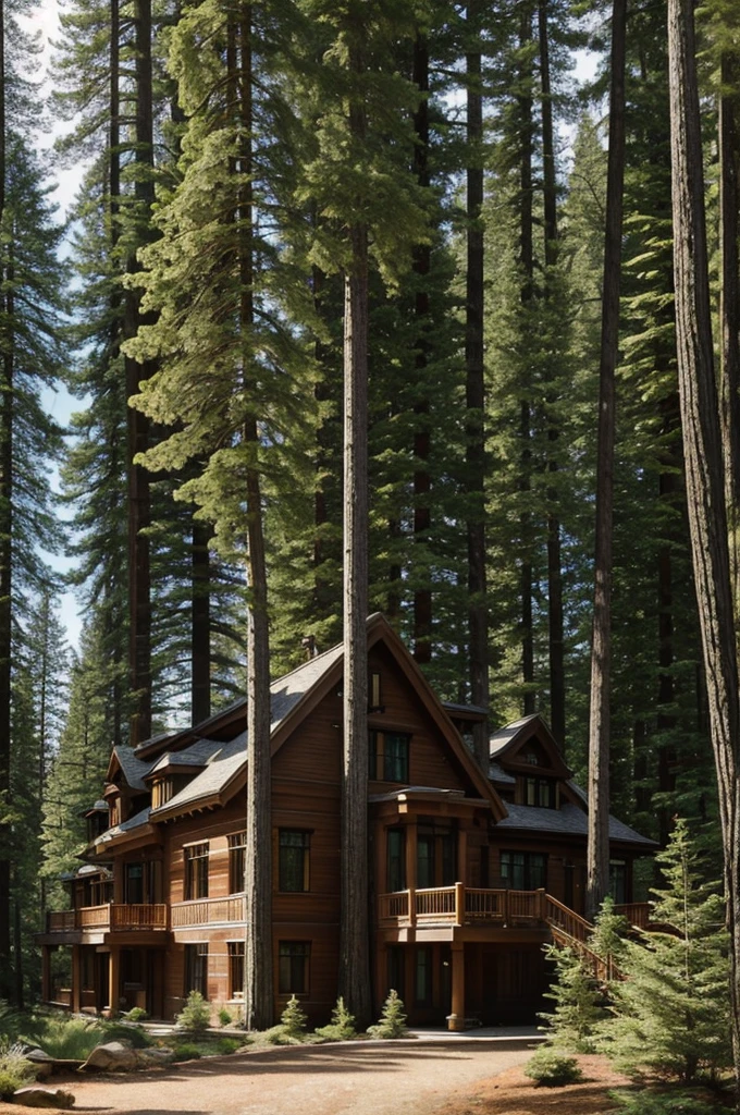 Within a deep forest, on a plateau sits a Redwood mansion