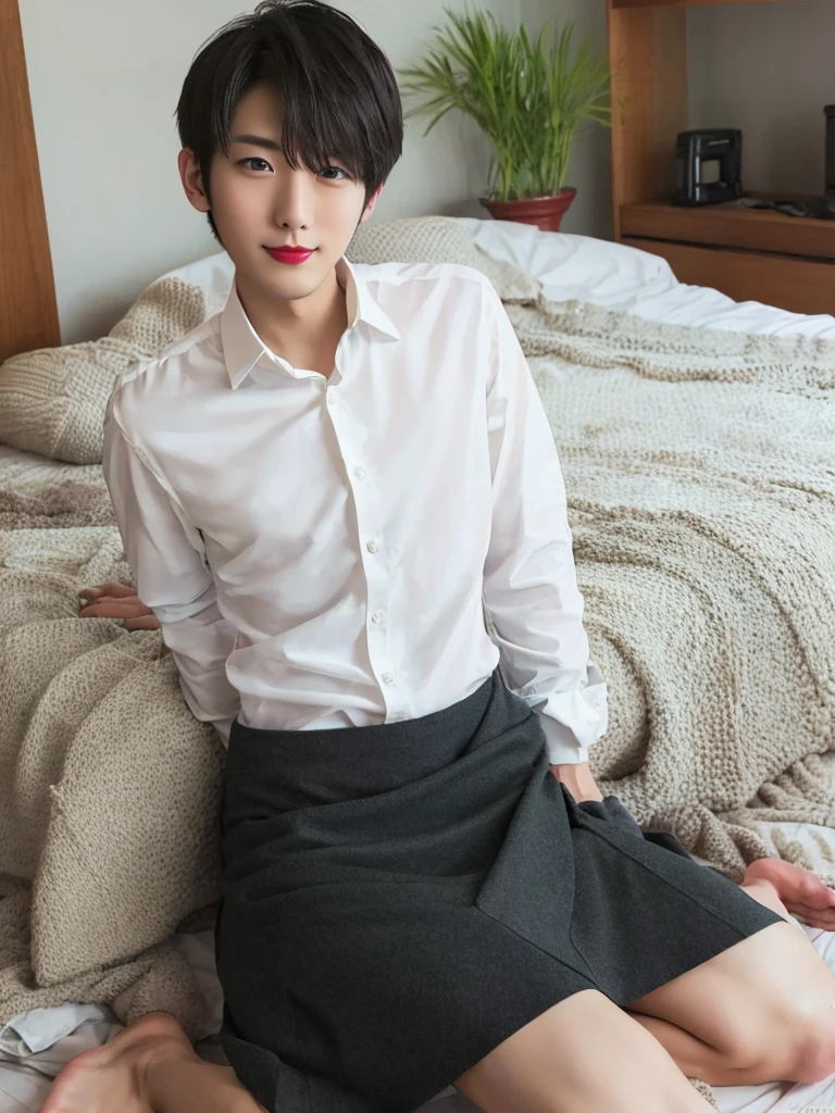 24 year old handsome man, good looking, beautiful boy, hairy, slim, fair skin, Japanese, barefoot, best quality, black skirt, white shirt, sexy pose, red lipstick, fetish