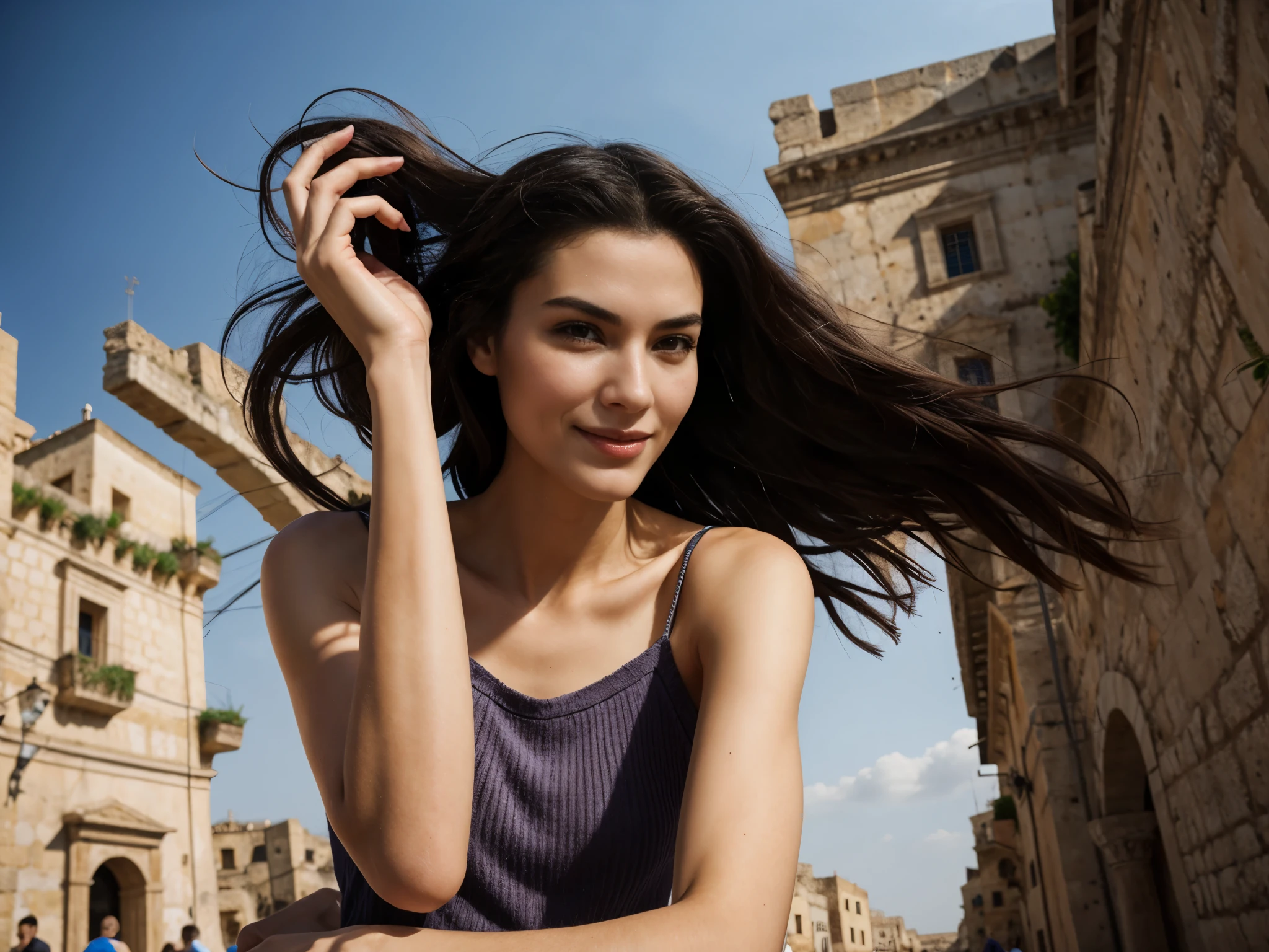 (sofiax, m0nic4, matera), a woman walking, hands holding hair, shot from below, camera way under woman, dominant pose. shot from under, shot from below, camera below woman, HDR, photoreal