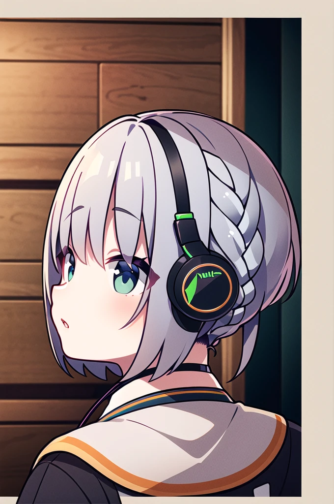 highest quality、masterpiece、、Silver braided short bob hair、、behind-the-head headphones、 naughty