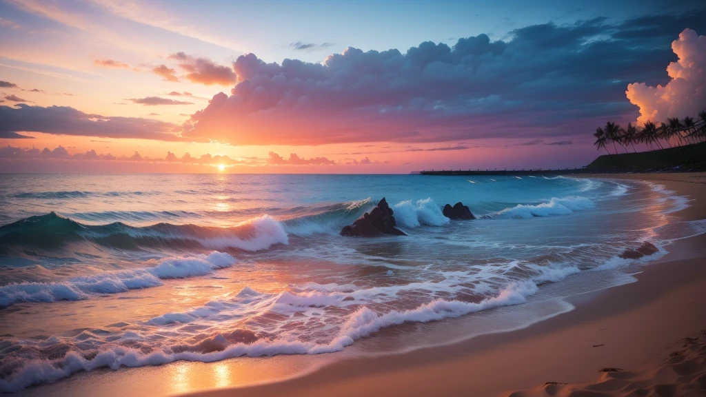 Sunset Hawaiian beach, 16:9 8k photo realistic