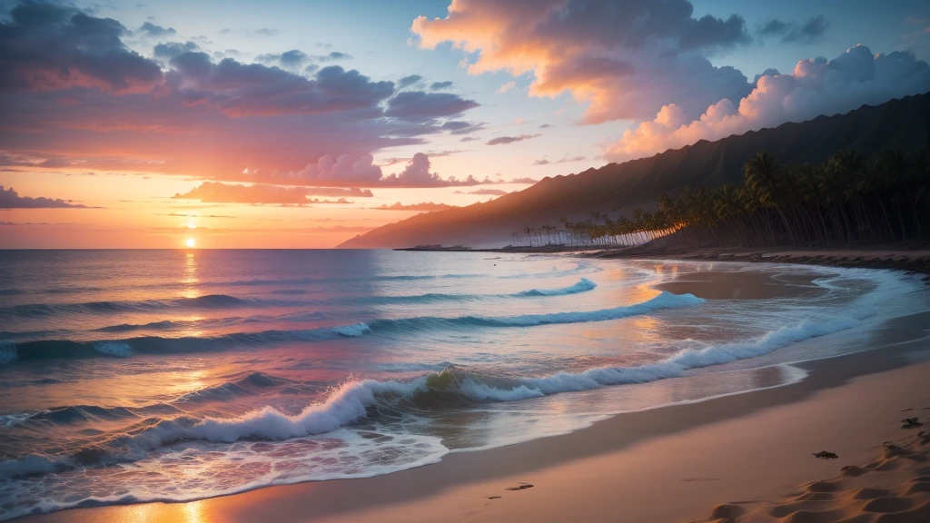 Sunset Hawaiian beach, 16:9 8k photo realistic