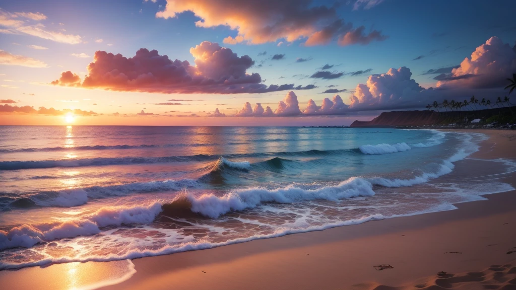 Sunset Hawaiian beach, 16:9 8k photo realistic