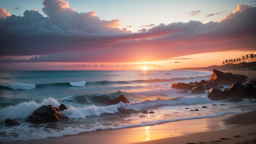 Sunset Hawaiian beach, 16:9 8k photo realistic