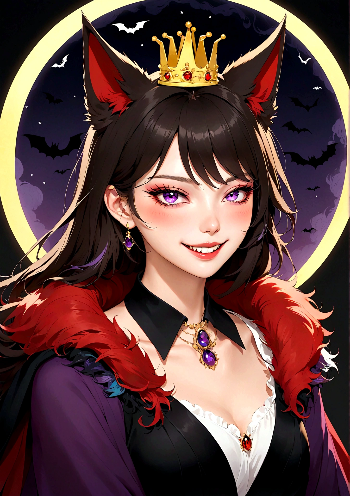 Vector，flat，Simple and smooth lines，A beautiful illustration：Big Bad Wolf:1.37.frying pan:1.37 Beautiful girl sitting elegantly，(((She has a beauty spot:1.37)))，Purple Eyes，Delicate lashes，Smile，Smooth skin，Long black hair，Wolf ears， Small Crown，Red fur collar brooch on suit，温顺的Big Bad Wolf。Correct human anatomy，moonlight，bat