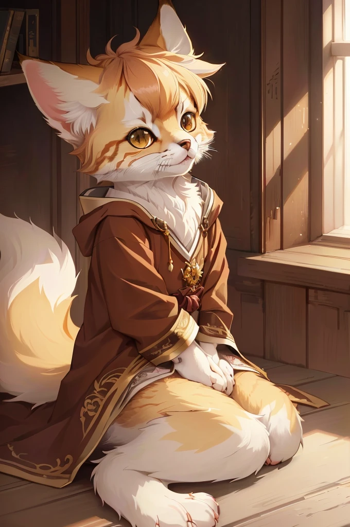 Anime style picture of a cat sitting on the floor in a room, Detailed fan art, very very beautiful Furry art, animal art, high resolution committee, ((wearing noble robes)), human fox, Lovely and detailed digital art, fursona wearing fashionable clothes, fursona Furry art commission, Zero Art, Furry art!!!