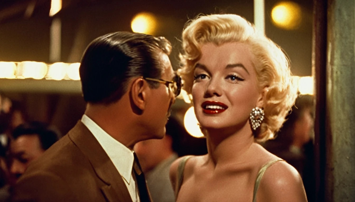 a vintage color film still of Marilyn Monroe with makeup looking at balding Clark Gable who has glasses and is clean shaving outside a hollywood matinee at night, vintage photo, , panavision, 16:9, vintage photography, haze, bokeh, glamorous composition, film still, champagne commercial, inspired by George Hurrell, steven meisel photography, very realistic film still, color, cinematic, movie still, romantic