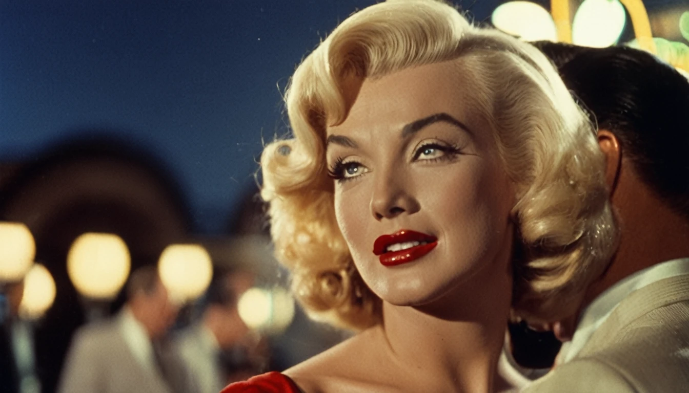 a vintage color film still of Marilyn Monroe with makeup looking at balding Clark Gable who has glasses and is clean shaving outside a hollywood matinee at night, vintage photo, , panavision, 16:9, vintage photography, haze, bokeh, glamorous composition, film still, champagne commercial, inspired by George Hurrell, steven meisel photography, very realistic film still, color, cinematic, movie still, romantic