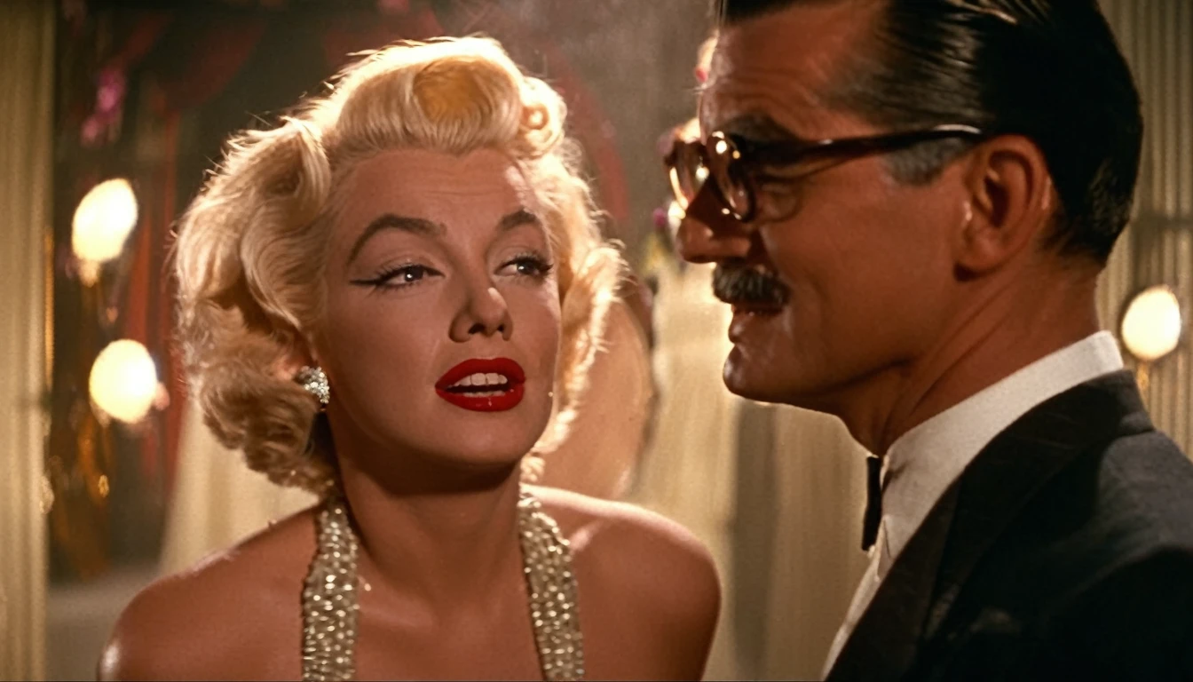a vintage color film still of Marilyn Monroe with makeup looking at balding Clark Gable who has glasses and is clean shaving outside a hollywood matinee at night, vintage photo, , panavision, 16:9, vintage photography, haze, bokeh, glamorous composition, film still, champagne commercial, inspired by George Hurrell, steven meisel photography, very realistic film still, color, cinematic, movie still, romantic