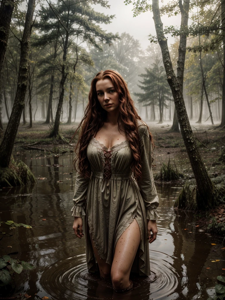 Jan Matejko's style. A close up portrait depicting a mature woman as Ophelia with dirty, long red wavy hair. A pose full of resignation. Front view. Wearing a worn and torn long lace dress from the Middle Ages. She stands knee-deep in water. The long dress is wet and stained with mud. All around there is a dense and gloomy swampy forest shrouded in morning fog. Sunlight creates an interesting chiaroscuro, vivid colors. Lots of broken trees and branches. Forest lake in the background.