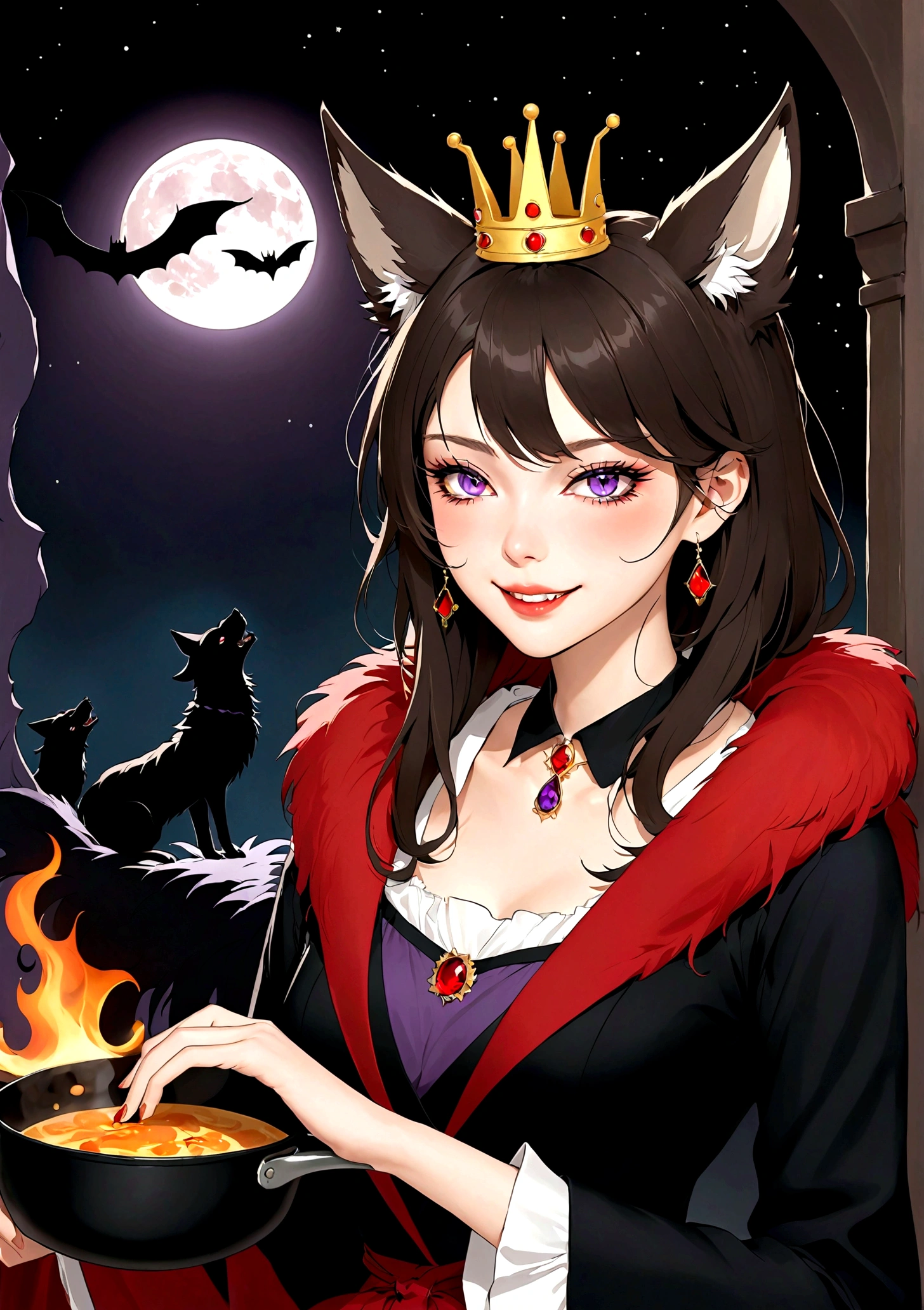 Vector，flat，Simple and smooth lines，A beautiful illustration：Big Bad Wolf:1.37.frying pan:1.37 Beautiful girl sitting elegantly，(((She has a beauty spot:1.37)))，Purple Eyes，Delicate lashes，Smile，Smooth skin，Long black hair，Wolf ears， Small Crown，Red fur collar brooch on suit，温顺的Big Bad Wolf。Correct human anatomy，moonlight，bat