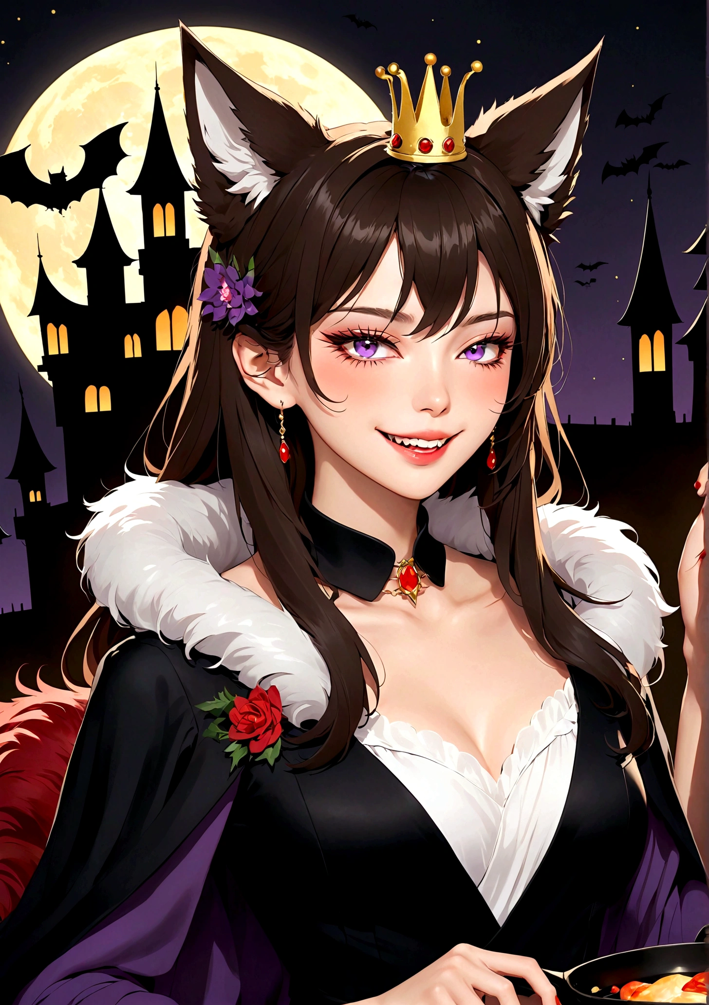 Vector，flat，Simple and smooth lines，A beautiful illustration：Big Bad Wolf:1.37.frying pan:1.37 Beautiful girl sitting elegantly，(((She has a beauty spot:1.37)))，Purple Eyes，Delicate lashes，Smile，Smooth skin，Long black hair，Wolf ears， Small Crown，Red fur collar brooch on suit，温顺的Big Bad Wolf。Correct human anatomy，moonlight，bat