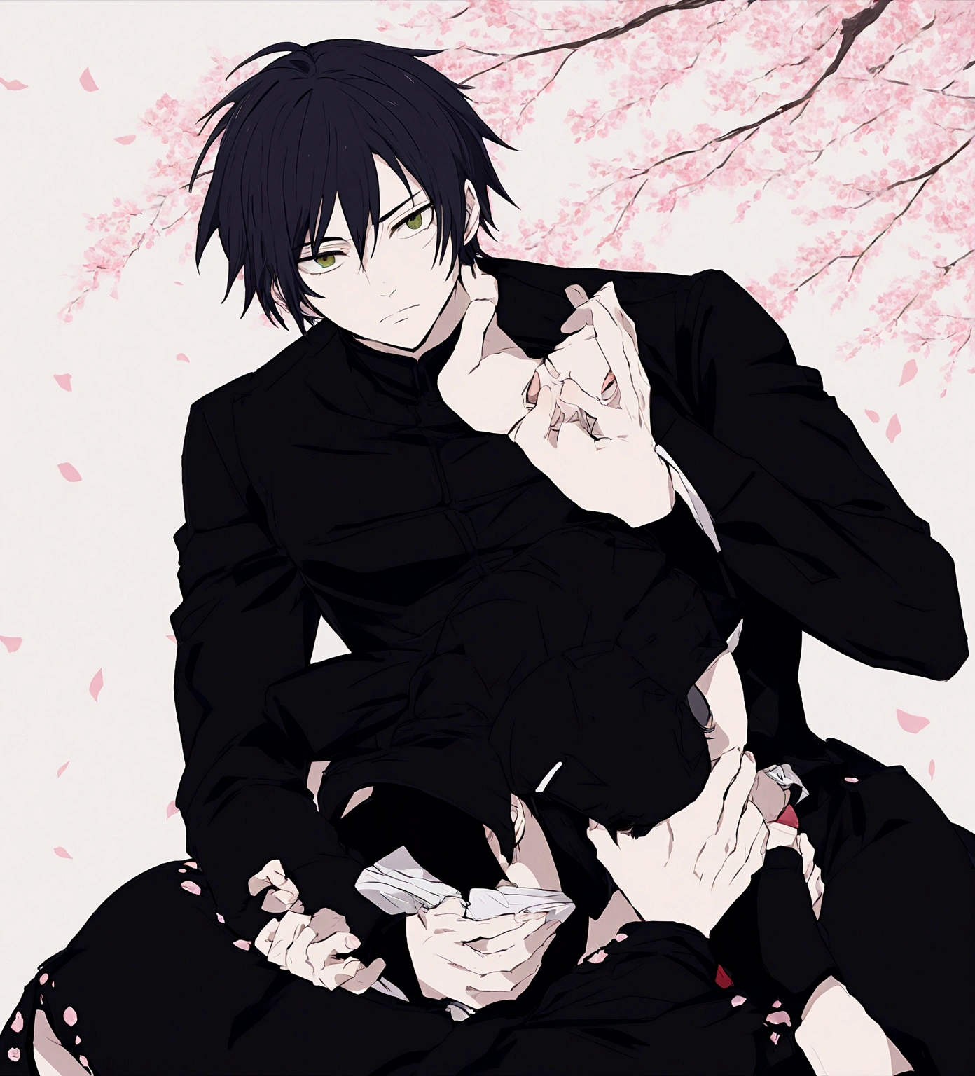Hola, Could you make me the image of a young Junpei Yoshino, of average height and pale skin. Su cabello era negro y liso, that covered the right side of his face. With animation from Mappa animation studio, from the anime Jujutsu Kaisen with the uniform of the Tokyo Metropolitan School of Wizardry