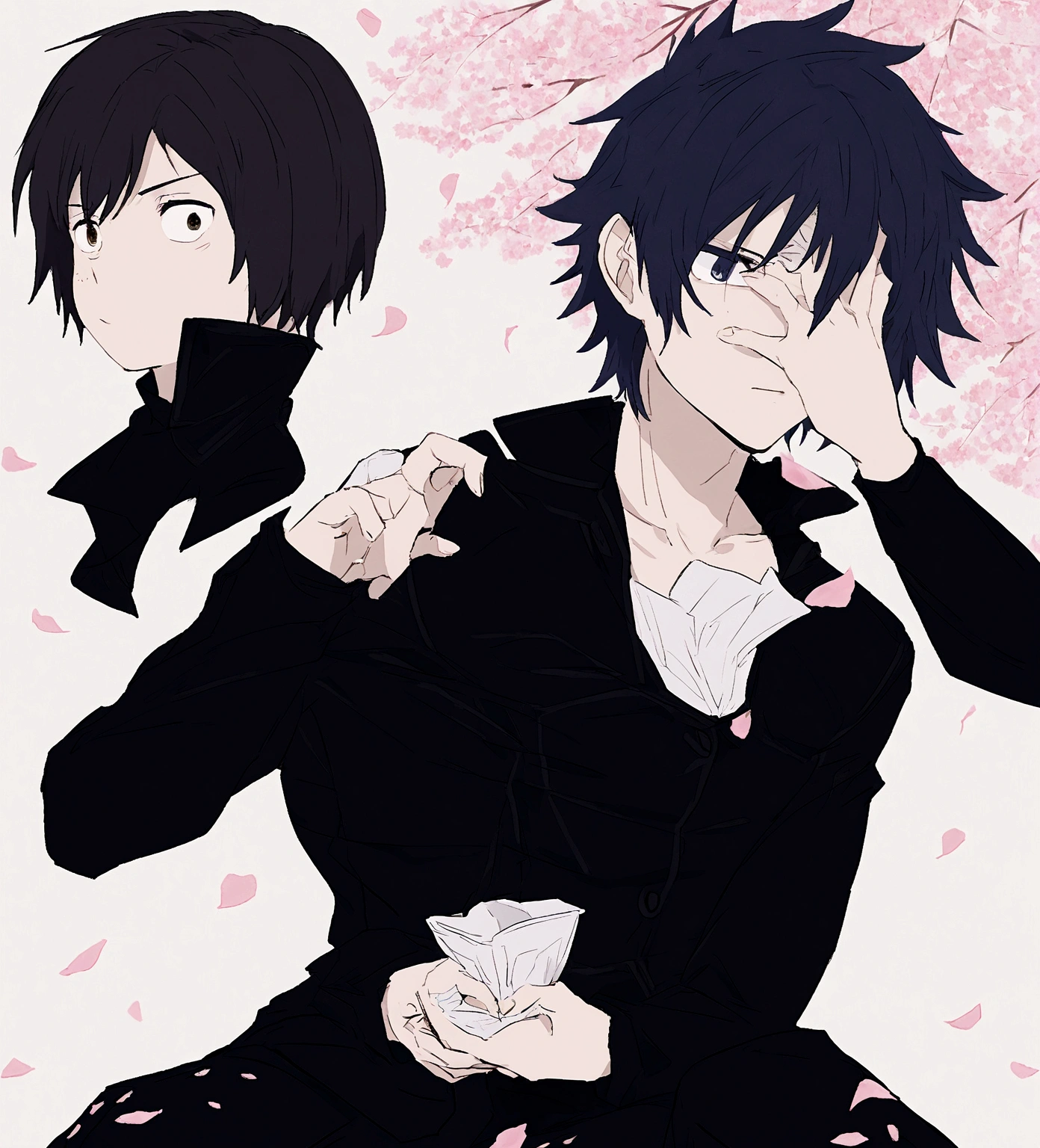 Hola, Could you make me the image of a young Junpei Yoshino, of average height and pale skin. Su cabello era negro y liso, that covered the right side of his face. With animation from Mappa animation studio, from the anime Jujutsu Kaisen with the uniform of the Tokyo Metropolitan School of Wizardry